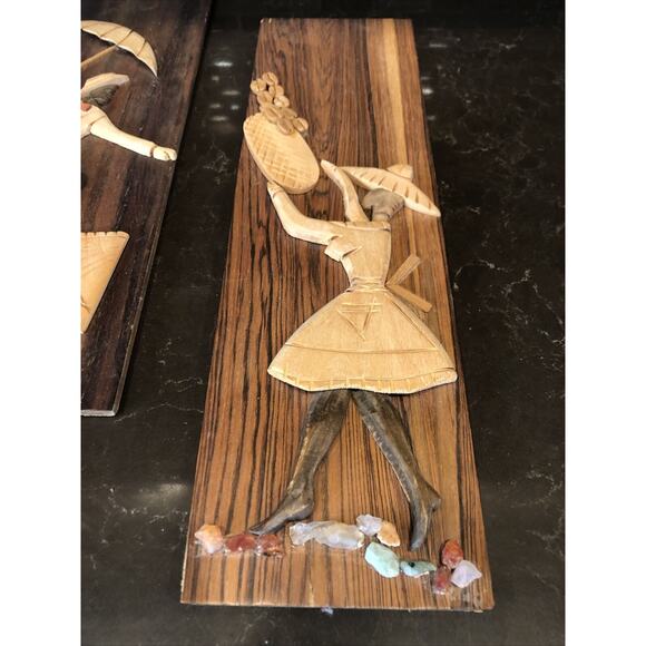 Vintage African Set Girl & Boy Folk Art Scroll Cut Hand Carved Wood Plaque RARE - Picture 4 of 5